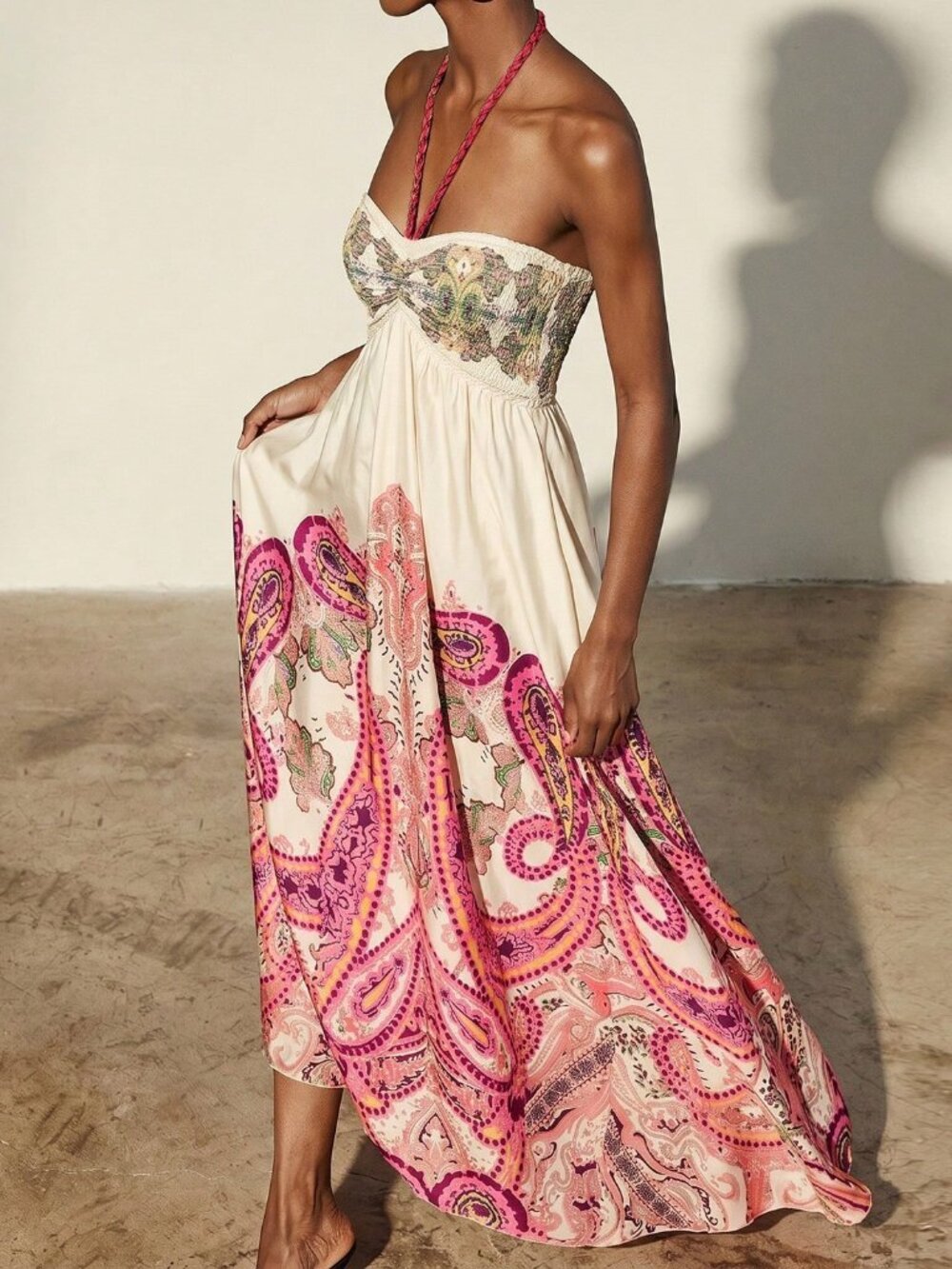 Multicolor Boho Womens Chiffon Tie-Dye Print Halter Neck Tie-Up Sleeveless Dress - Picture 6 of 6